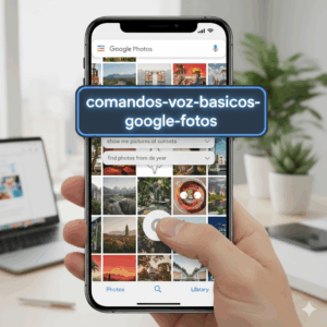 Alt text: Interfaz de Google Fotos mostrando el icono de Gemini activado para edición por voz