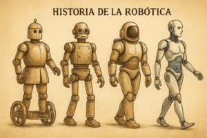 Ilustración de la evolución de la robótica desde autómatas antiguos hasta robots modernos
